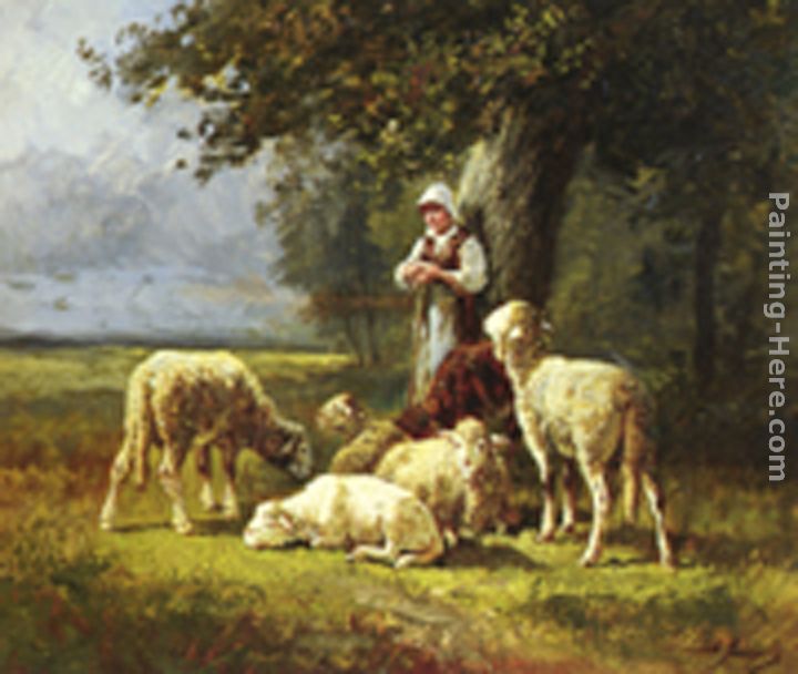 A Shepherdess With Her Flock In A Woodland Clearing